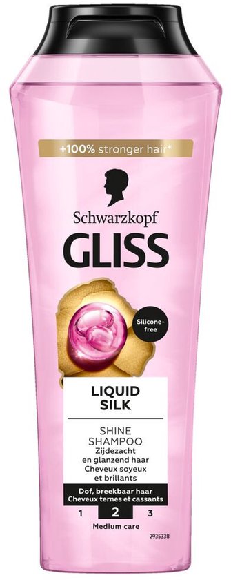 Fles Gliss Liquid Silk shampoo met roze vloeistof en gouden accenten. Tekst: '+100% stronger hair'.