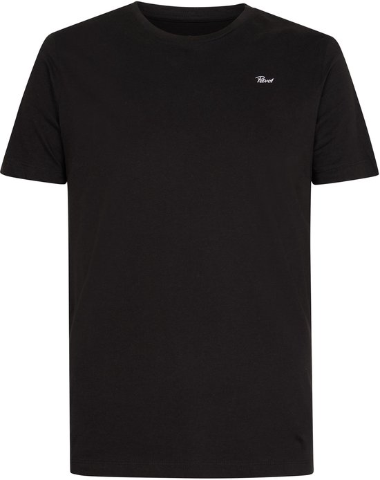 Zwarte katoenen T-shirt met ronde hals en korte mouwen, met klein wit logo op de linkerborst.