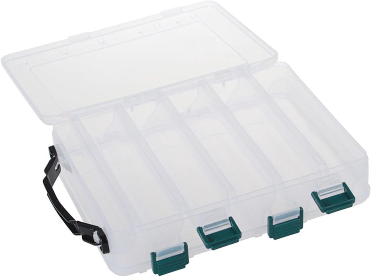 Allecto Plus - Transparante kunststof visbox voor kunstaas en visaas - Dubbelzijdige opbergdoos met 10 vakken - Geschikt voor vissen - Afmetingen 20 x 16 x 47 cm