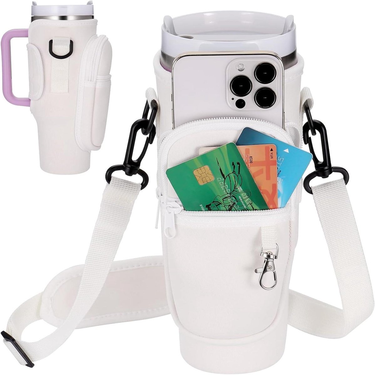 Allecto Plus - Draagtas voor Waterflessen - 40 oz Waterfles Houder met Telefoonvak - Verstelbare Schouderriem - Wandelen en Reizen - Karabijnhaak Clip - Melkachtig Wit