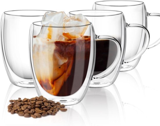 4 dubbelwandige koffiekopjes met handvat van 350 ml voor latte macchiato, koffie/theeglas, houdt de temperatuur vast, beschermt je handen, met geschenkdoos