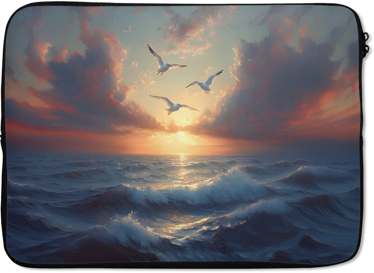 Laptophoes 13 inch - Meeuwen - Zonsondergang - Zee - Wolken - Laptop sleeve - Binnenmaat 32x22,5 cm - Zwarte achterkant