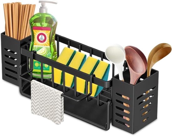 MAISITOO Spoelbak-organizer, gootsteen caddy organizer, koolstofstaal, wastafel organizer badkamer organizer met afdruipbak, handdoekhouder voor spons, borstels, keuken en badkamer, zwart