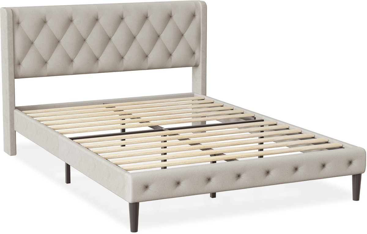 Elekiatech Bed - 140x200 cm Tweepersoonsbed - Met Luxe Fluwelen Hoofdbord - Verstevigd Stalen Frame - Massief Houten Lattenbodem - Draagvermogen 380 kg - Grijs/Beige Beige-luxe