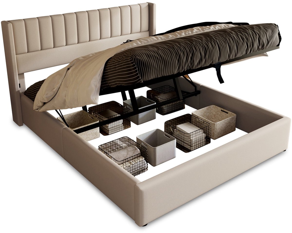 Merax Tweepersoonsbed 160x200 cm – Beige – Hydraulisch Opbergruimte – Zonder Matras