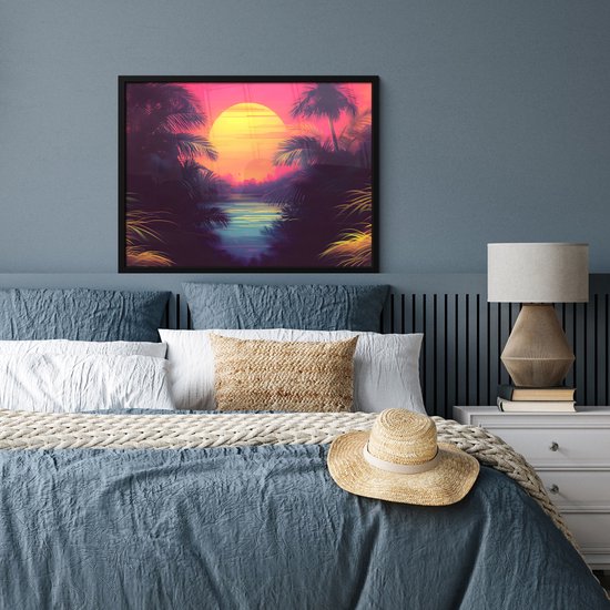 Poster in lijst - Fotolijst 80x60 cm - Posters - Zon - Geel - Palmbomen - Tropisch - Posterlijst zwart - Decoratie - Wanddecoratie woonkamer - Muurdecoratie slaapkamer