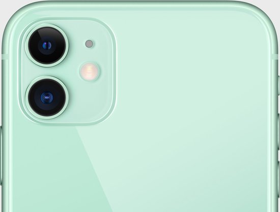 Lichtgroene iPhone 11 met dubbele camera aan de achterzijde.