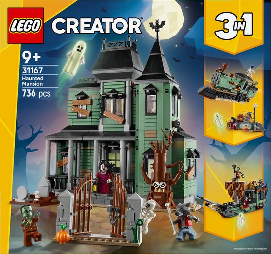 Une boîte LEGO Creator 3-en-1 Maison Hantée avec des images de la maison hantée, d'un train fantôme et d'un bateau fantôme.