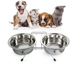Voerbak en waterbak - 2 in 1 drink / voederbak - Hondenbrokken - Hond - Kat - Huisdier - Korrels - Antislip - Honden / katten - Eten - Eetbak - Huisdieren - Drinken - Afneembaar - Stevig - Design - Zilver - 2 x 125ml