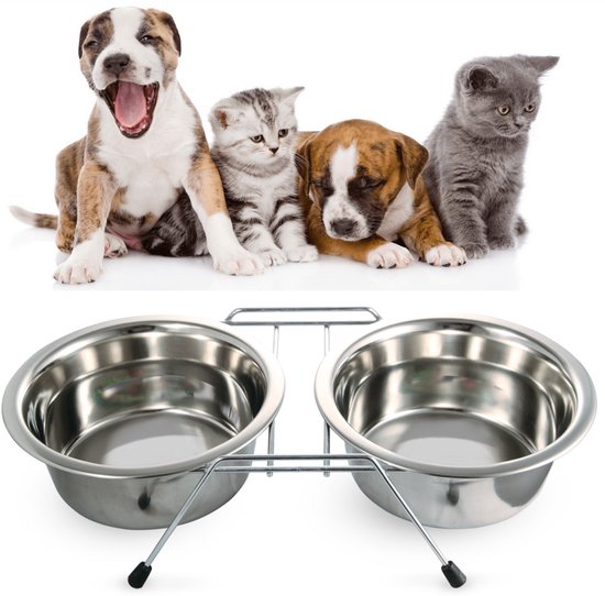 Voerbak en waterbak - 2 in 1 drink / voederbak - Hondenbrokken - Hond - Kat - Huisdier - Korrels - Antislip - Honden / katten - Eten - Eetbak - Huisdieren - Drinken - Afneembaar - Stevig - Design - Zilver - 2 x 125ml
