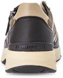 Achterkant van de zwarte sneaker met beige hiel, 'rollingsoft' logo en beige zool.