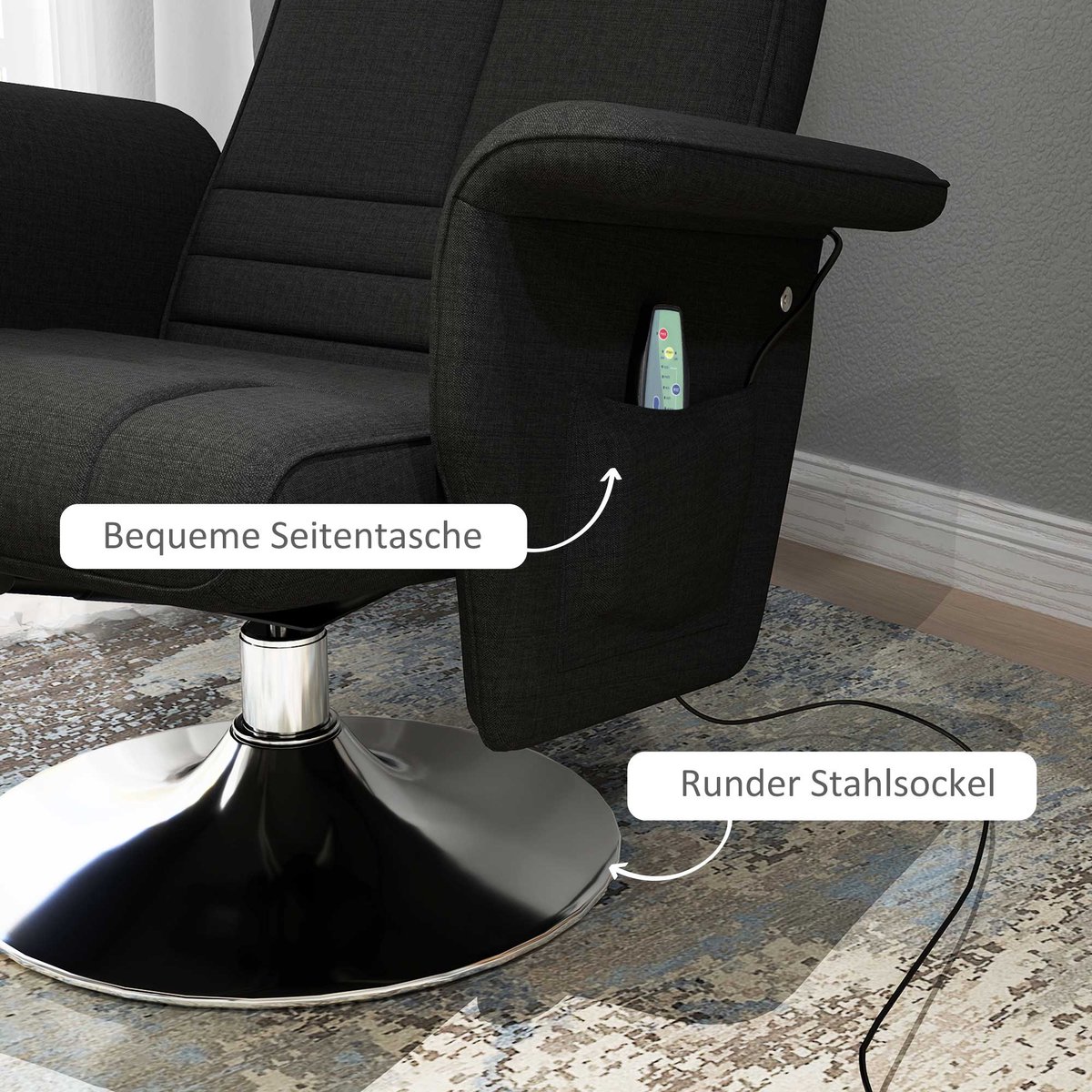 Afbeelding 3 van Merax Draaibare Relaxfauteuil Zwart met Massagestoel