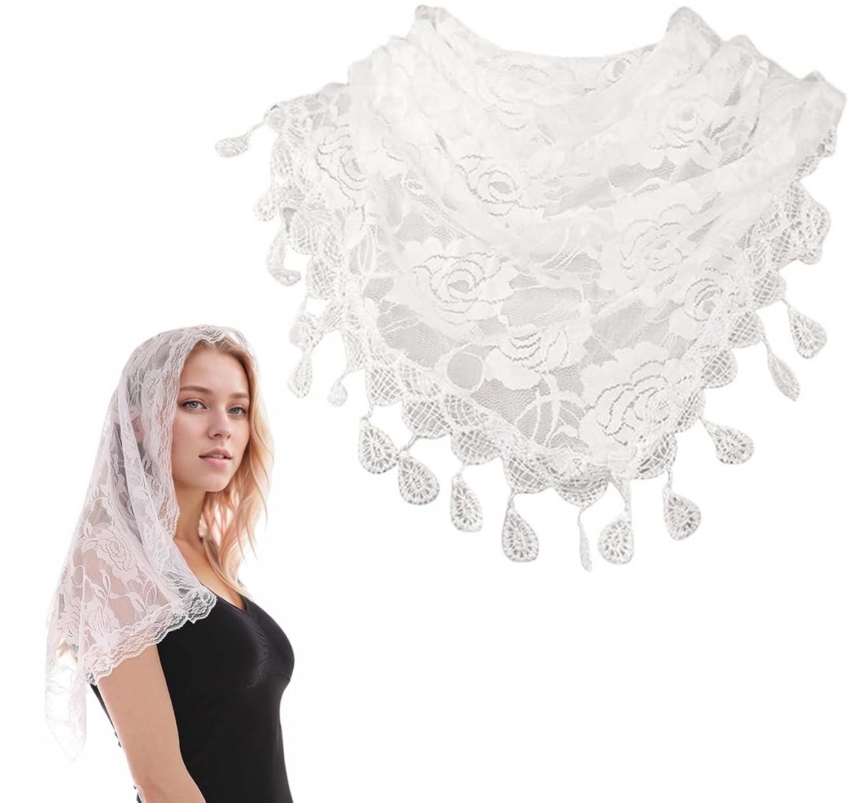 Jeffdad Kanten Stola voor Dames - Feestelijke Omslagdoek Met Kwastjes, Sjaal voor Avondjurk, Bruiloft, Feest - Mesh - Zwart - 185 x 65 cm