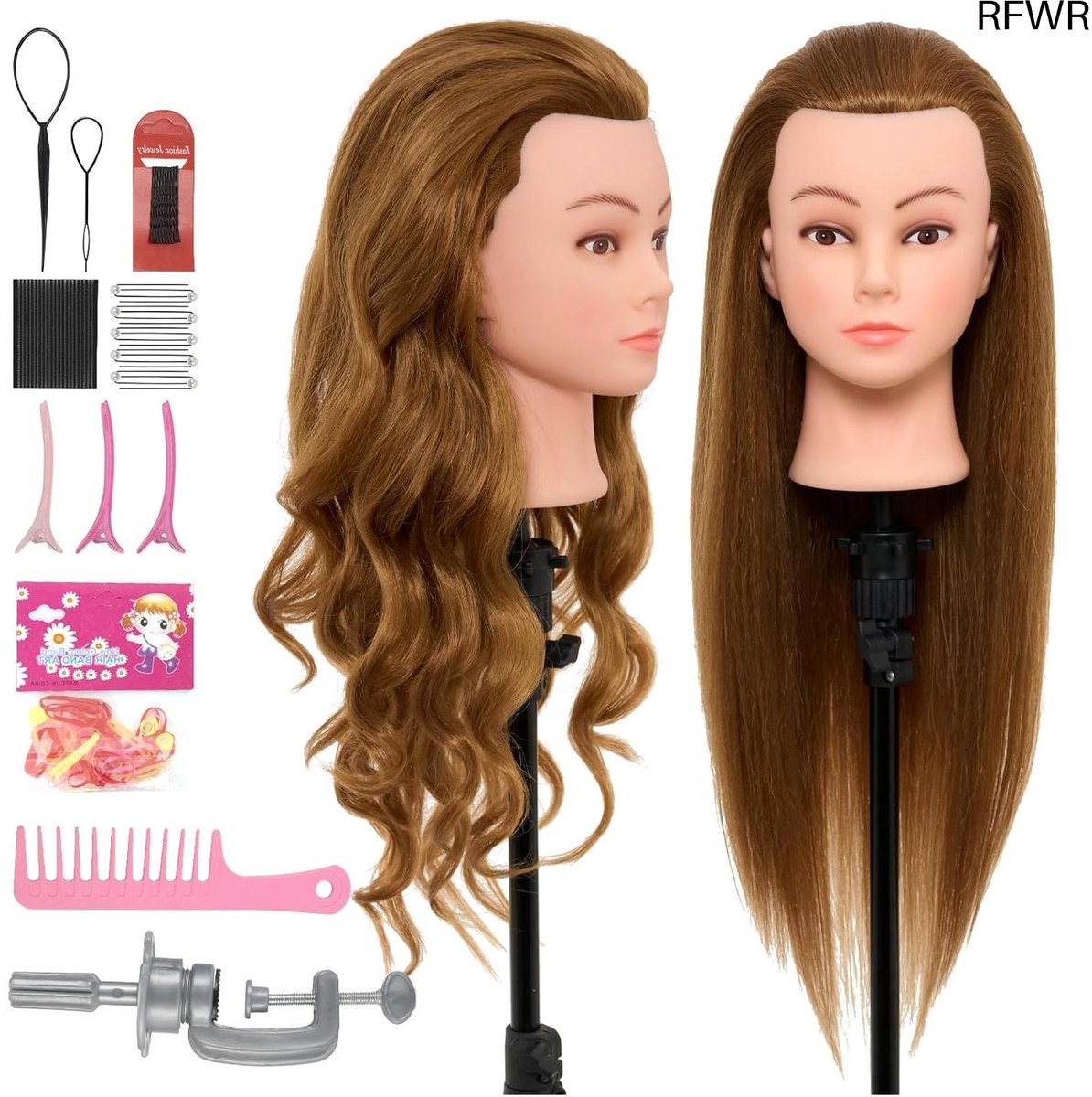 RFWR® Kappershoofd 60% Mensenhaar 71cm Trainingshoofd voor Kappers met Haaraccessoires