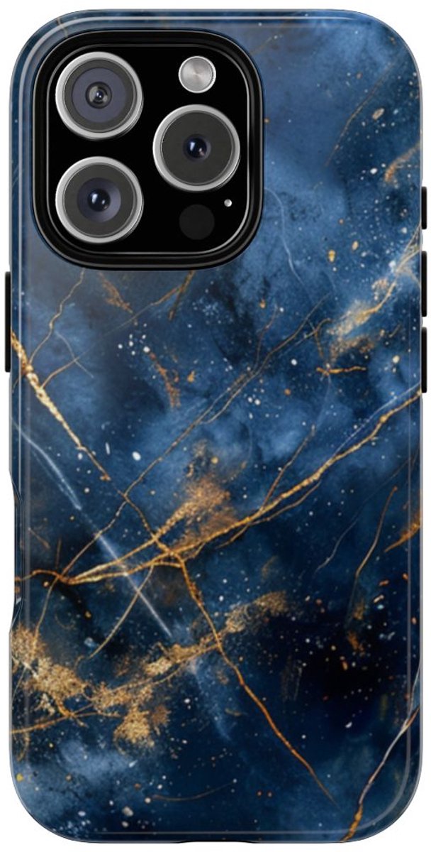 Blauw Marmerpatroon met Gouden Adering – Telefoonhoesje Geschikt voor iPhone 16 Pro