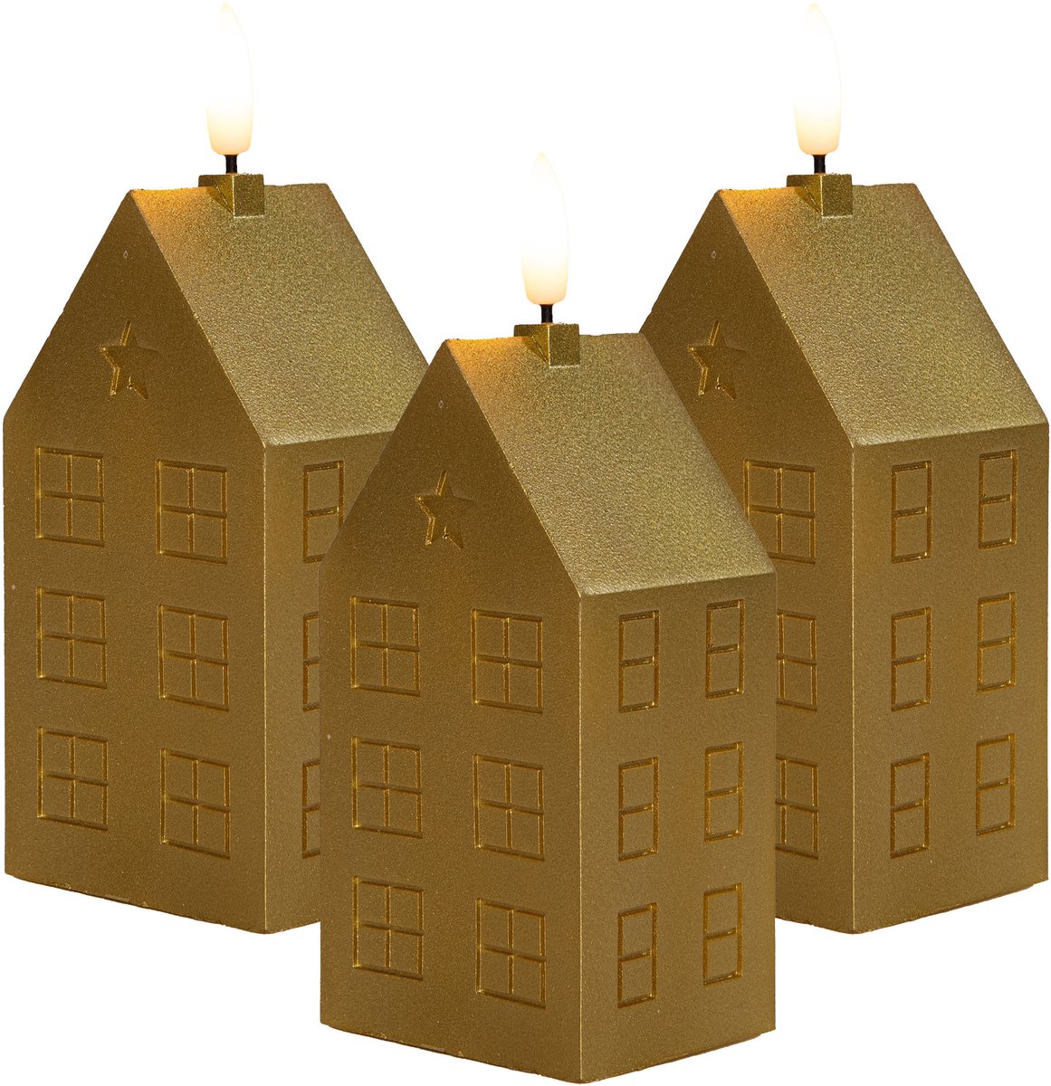 Anna's Collection LED kaars huisje - 3x - goud - H15 cm - met timer - op batterijen - kerst decoratie Goudkleurig