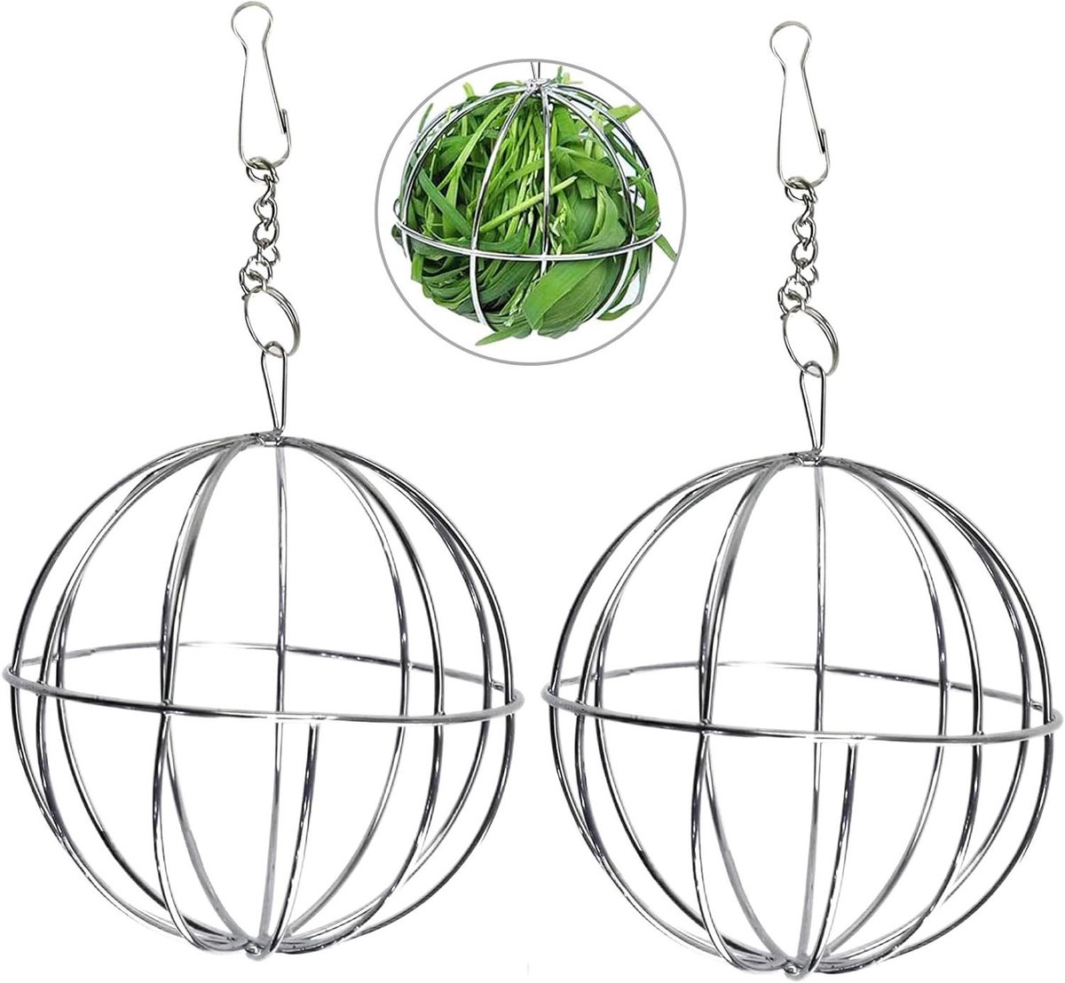 Allecto Plus – 2 Stuks Hooiballen voor Konijnen en Kleine Huisdieren met Hooiruif en Grasframe – Voedingsaccessoire voor Konijnen, Cavia’s, Chinchilla’s en Hamsters – Zilverkleurig