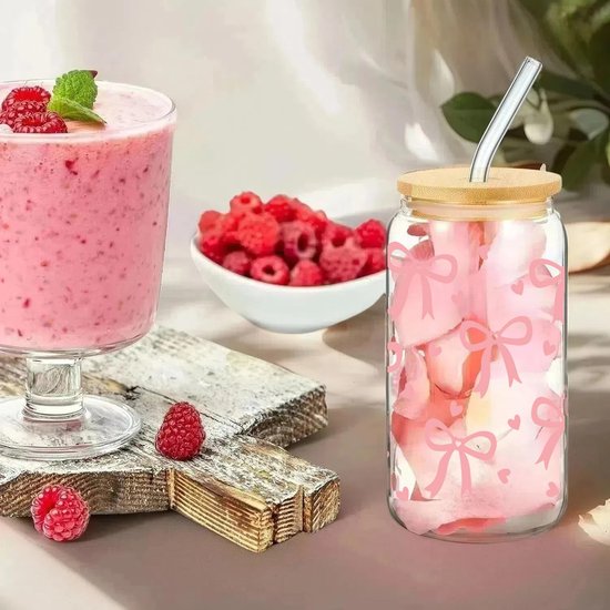 INSETLAN 600 ml ijskoffiekop, 4 stuks glazen beker met deksels en glazen rietjes, lekvrije smoothiebeker voor ijskoffie, smoothies, matcha, thee, sap, ideaal voor thuis en buiten gebruik