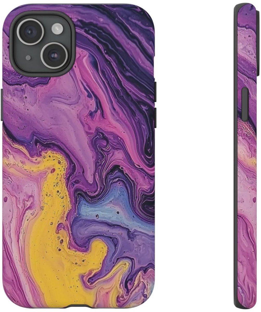 Paars Gele Abstracte Vloeibare Kunst – Telefoonhoesje Geschikt voor iPhone 15 Plus