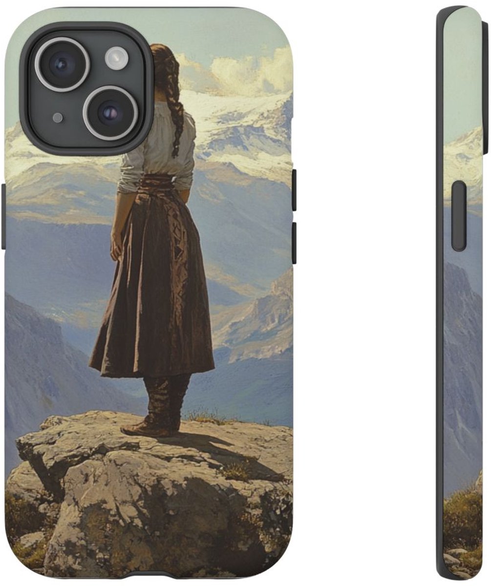 Meisje op een Rots in de Kaukasus – Telefoonhoesje Geschikt voor iPhone 15