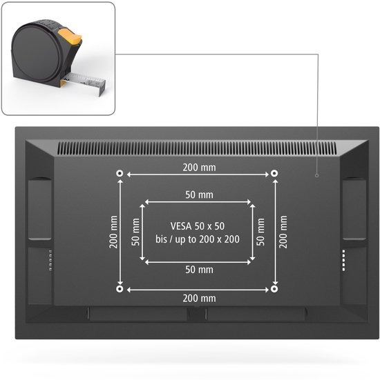 Achterkant van een TV met VESA-montagematen 50x50 tot 200x200 mm en een meetlint.