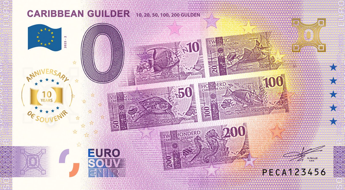 0 Euro biljet Nederland 2025 - Caribbean Guilder 10, 20, 50, 100, 200 Gulden ANNIVERSARY