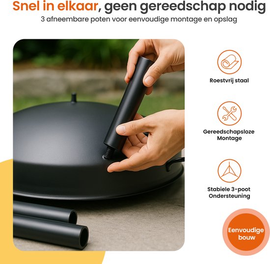 Hand monteert een zwarte poot aan de vuurschaal. 'Roestvrij staal', 'Gereedschaploze Montage', 'Stabiele 3-poot Ondersteuning'.