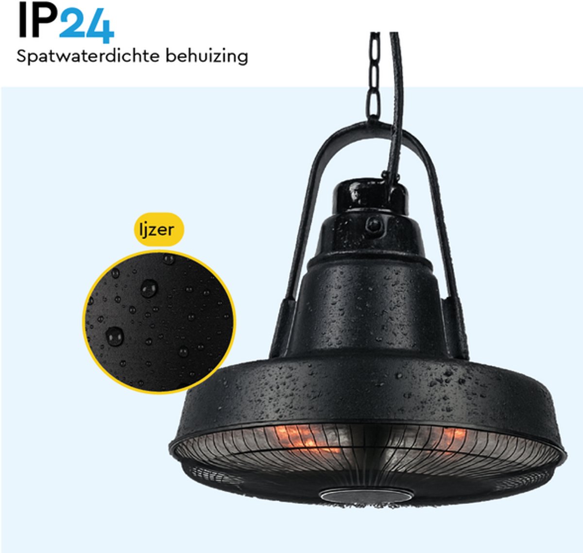 BRASQ Retro Elektrische Terrasverwarmer hangend – 3 warmtestanden – met afstandsbediening – IP24 -Spatwaterdicht - Voor binnen en buiten – 1500 W – foto 3