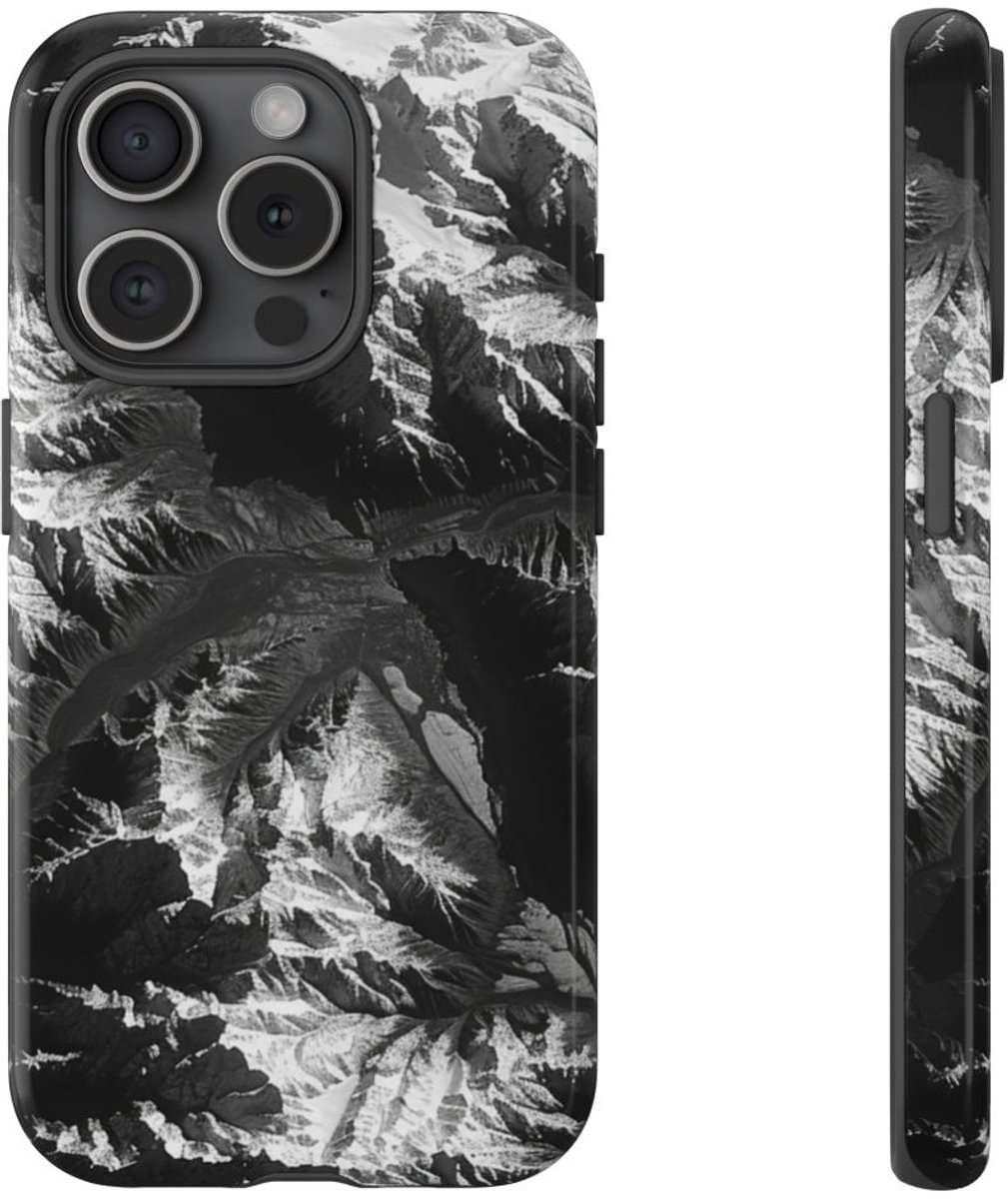 Zwart-Wit Berglandschap – Telefoonhoesje Geschikt voor iPhone 15 Pro