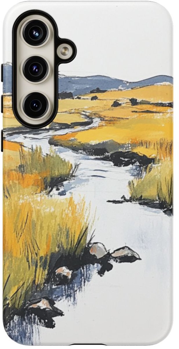 Pastelgele Landschap met Stromende Beek – Telefoonhoesje Geschikt voor Galaxy S24 Plus