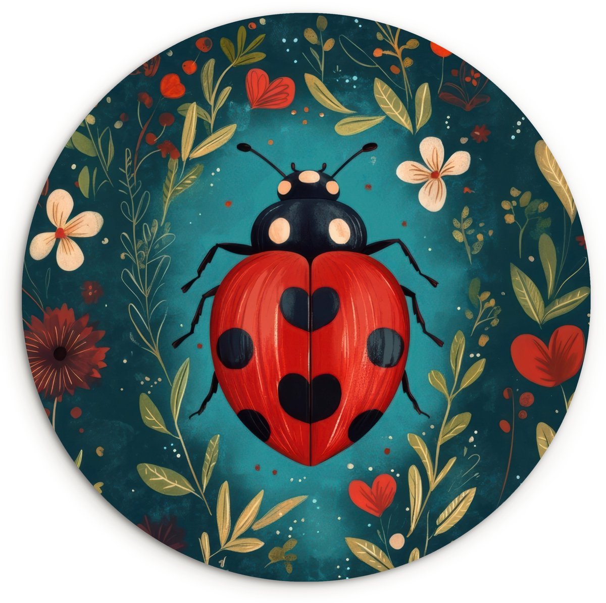 WallCircle Wandcirkel 120x120 cm - Muurcirkel Bloemen - Lieveheersbeestje - Hartje - Rood - Muurdecoratie woonkamer - Wanddecoratie slaapkamer - Kamer decoratie accessoires - Ronde schilderijen Lieveheersbeestje - Bloemen