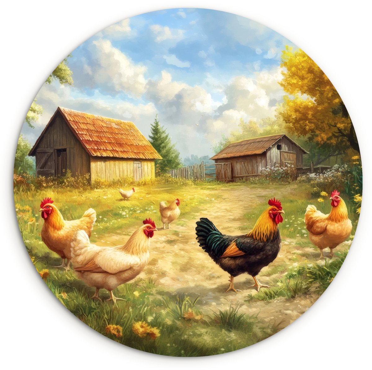 WallCircle Wandcirkel 120x120 cm - Muurcirkel Kippen - Landelijke rust - Natuur - Muurdecoratie woonkamer - Wanddecoratie slaapkamer - Kamer decoratie accessoires - Ronde schilderijen Kippen - Natuur