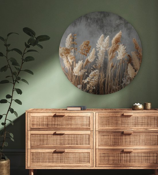 WallCircle® Wandcirkel 90x90 cm - Muurcirkel Gedroogde Veldbloemen - Grijs - Beton - Muurdecoratie woonkamer - Wanddecoratie slaapkamer - Kamer decoratie accessoires - Ronde schilderijen