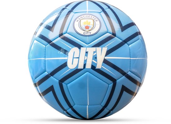 Ballon de football bleu clair avec des motifs bleu foncé et blancs, le logo "CITY" et l'écusson Manchester City.