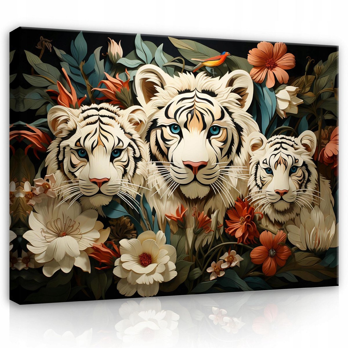 WALLARENA Canvas schilderij - 60x40 cm - Tygrissen met bloemen en dieren voor de slaapkamer en woonkamer multikleurig