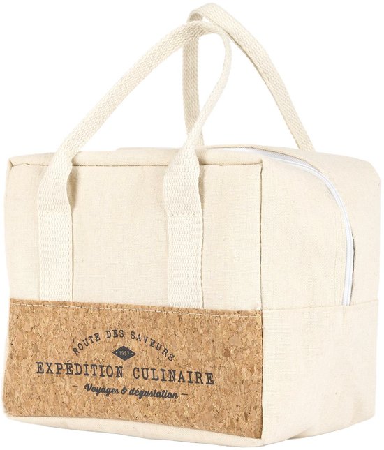 Sac isotherme blanc avec des poignées blanches et un accent en liège avec le texte 'Route des Saveurs Expedition Culinaire'.