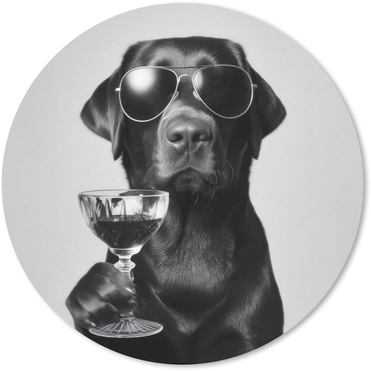 Muismat rond 50x50 cm - Mousepad Hond - Zwart - Wijnglas - Zonnebril - Ronde muismatten
