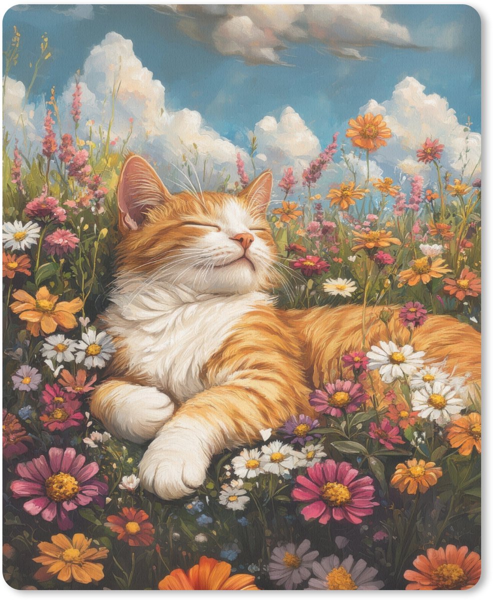 Muismat 19x23 cm - Mousepad Kat - Bloemen - Ontspannen - Muismatten