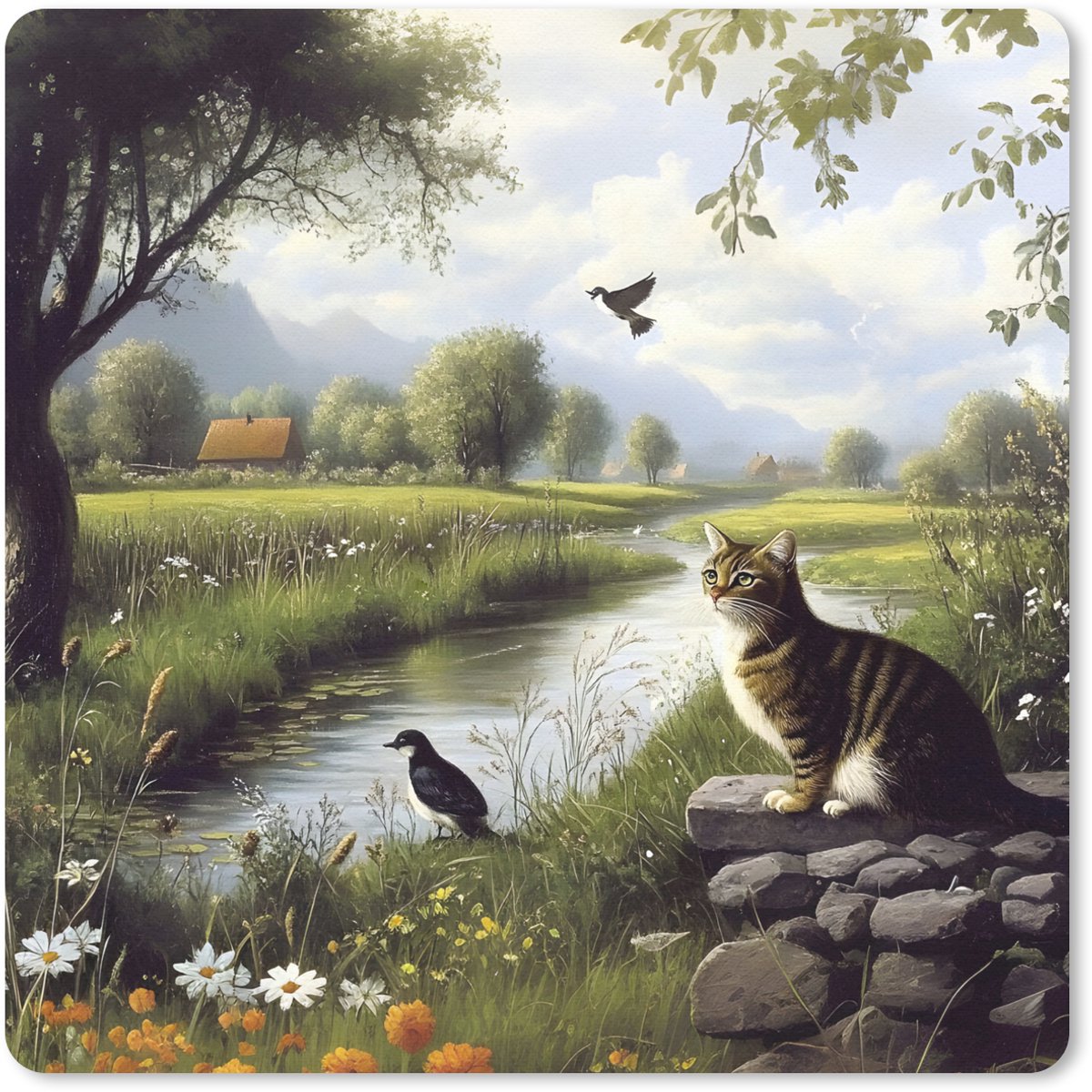 Muismat 20x20 cm - Mousepad Kat - Beekje - Weide - Muismatten