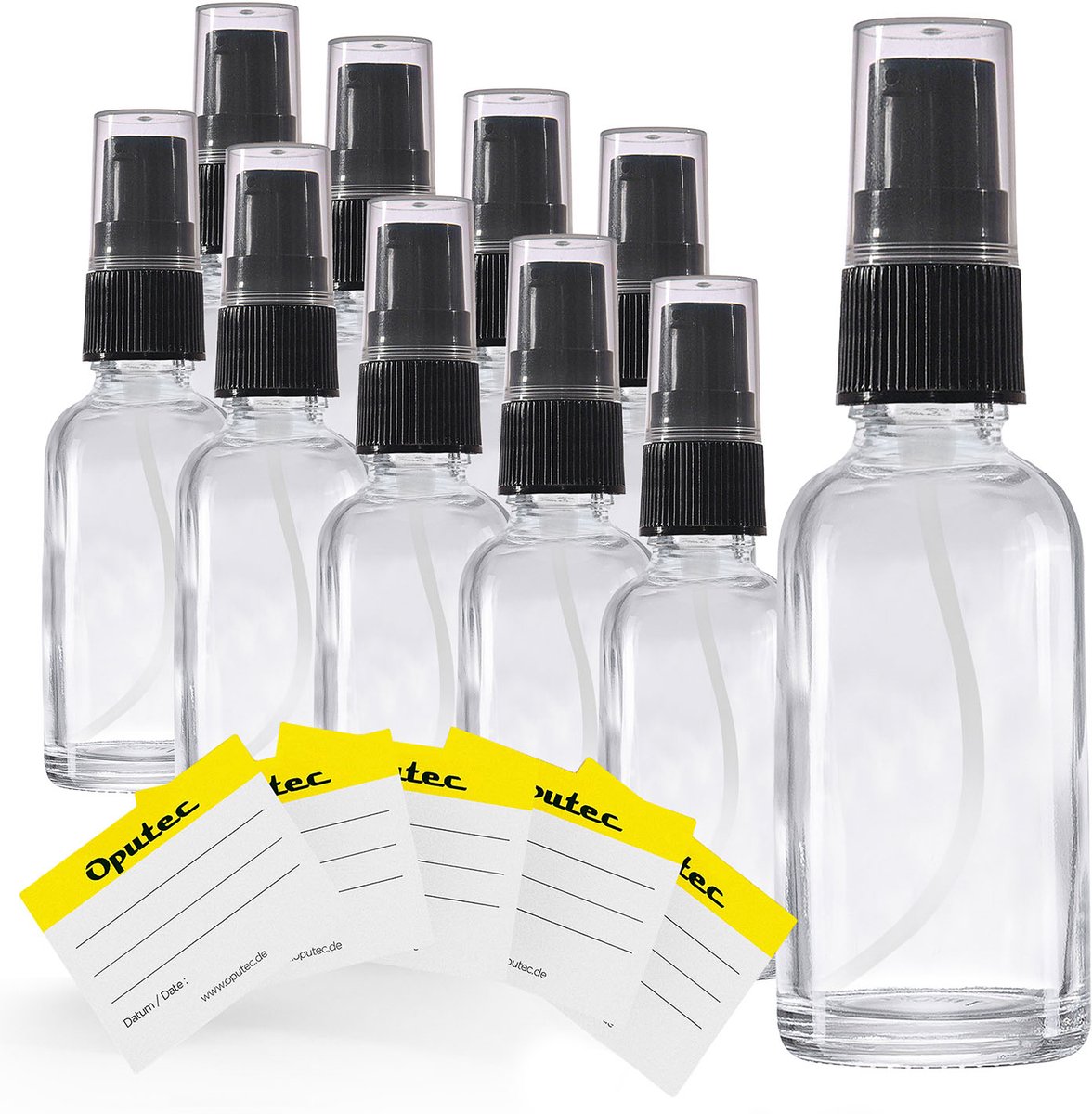 Oputec 10 x 30ml pompflesjes – helder glas crèmespender & lotionspender – navulbaar & herbruikbaar – met etiketten