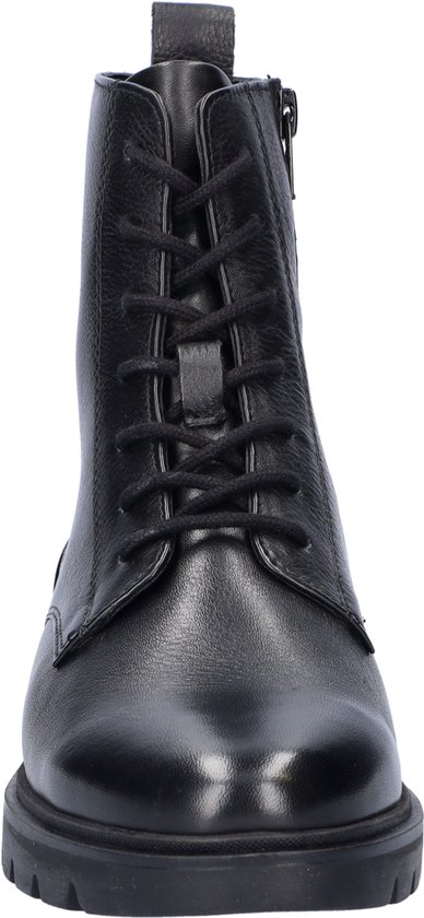 Zwarte leren veterboot, gezien vanaf de voorkant. Met veters en rits aan de zijkant.