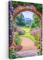 Tuinschilderij voor buiten 80x120 cm - Tuindecoratie Doorkijk - Poort - Bloemen - Tuin - Tuinposter op canvas - Tuin muurdecoratie - Buitenschilderij decoratie - Schutting wanddecoratie - Buitencanvas