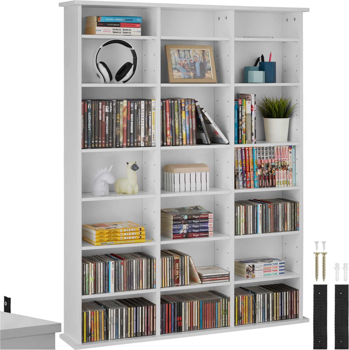 tectake® CD/DVD/Blu-ray kast - Boekenkast - 18 flexibel verstelbare planken - Houten mediakast met kantelbeveiliging - Plankstandaard - Afmeting (LxDxH) 105,5 x 19 x 136,5 cm - Wit