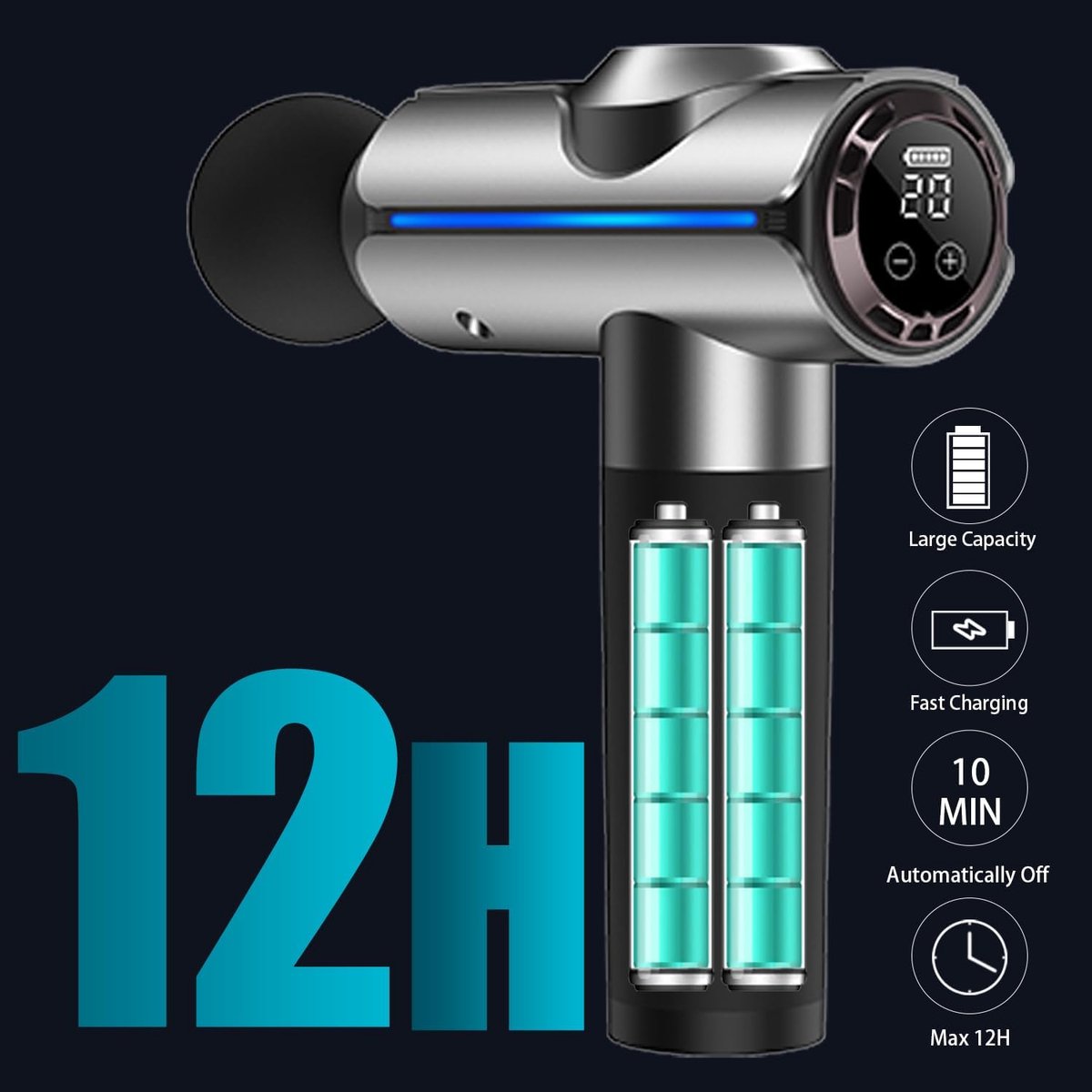 Afbeelding 2 van Percussiemassagepistool, elektrisch handzaam spier- en rugmassage-apparaat, diepe weefselmassage voor atleten, pijnverlichting, met 20 snelheden en led-display, geleverd met draagtas, geweldig cadeau voor mannen/vrouwen, zilver