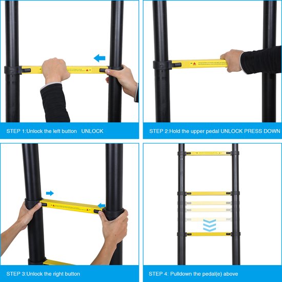 Telescopische Ladder - Telescoopladder - 4,4m zwart + haak, Max. Belasting 150 kg, Compact en Draagbaar met Soft Closing Systeem, Geschikt voor Particulier en Professioneel Gebruik, Telescopische Vouwladder