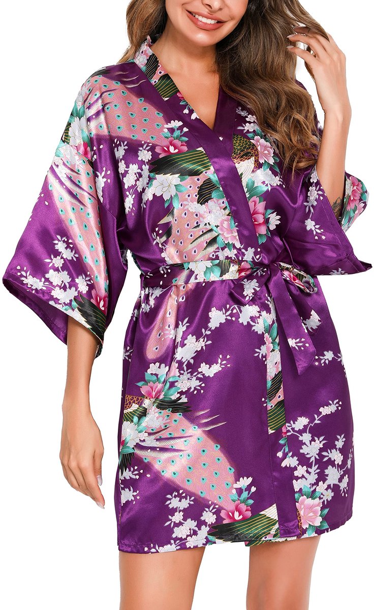 Satijnen Kimono Badjas - Kort model met V-hals en ceintuur - Voor Dames - Violet - Maat S