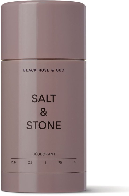 Lichtroze Salt & Stone deodorantstick met de tekst 'Black Rose & Oud' en 'Deodorant'.