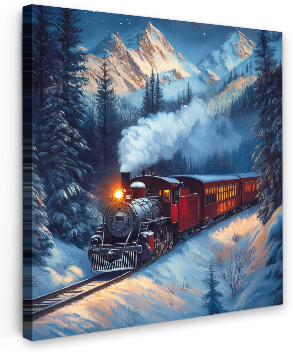 Tuinschilderij voor buiten 50x50 cm - Tuindecoratie Trein - Kerst - Sneeuw - Kersttrein - Tuinposter op canvas - Tuin muurdecoratie - Buitenschilderij decoratie - Schutting wanddecoratie - Buitencanvas - Kerstversiering - Kerstdecoratie Kersttrein tuinschilderij op canvas, 50x50 cm, buitendecoratie met sneeuwlandschap en kerstversiering.