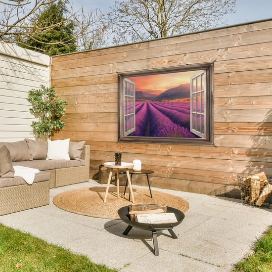 Tuinposter 120x80 cm - Tuindecoratie Doorkijk - Lavendel - Landschap - Bloemen - Paars - Poster voor in de tuin - Buiten decoratie - Schutting tuinschilderij - Tuindoek muurdecoratie - Wanddecoratie balkondoek