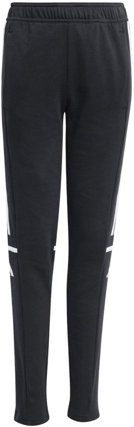 Zwarte joggingbroek met witte Adidas-strepen op de zijkant en een Adidas-logo.